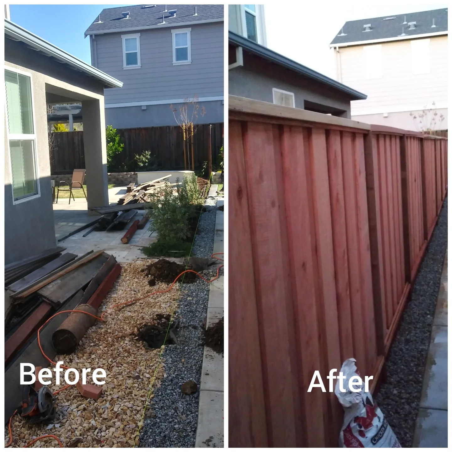 Backyard fence replacement in Morgan Hill, shown before and after
