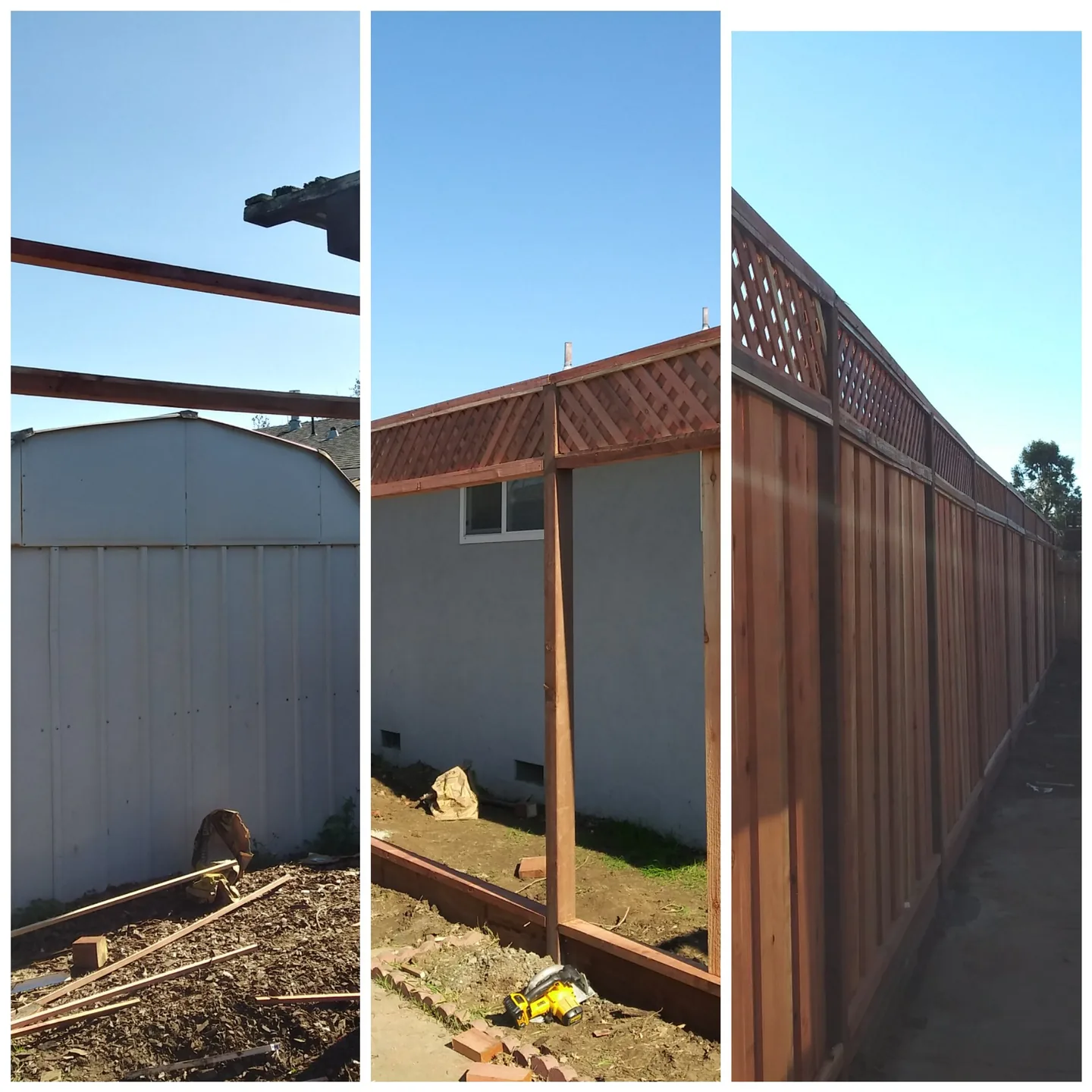Board on board redwood fence in San Jose, shown before the build, during framing and finished